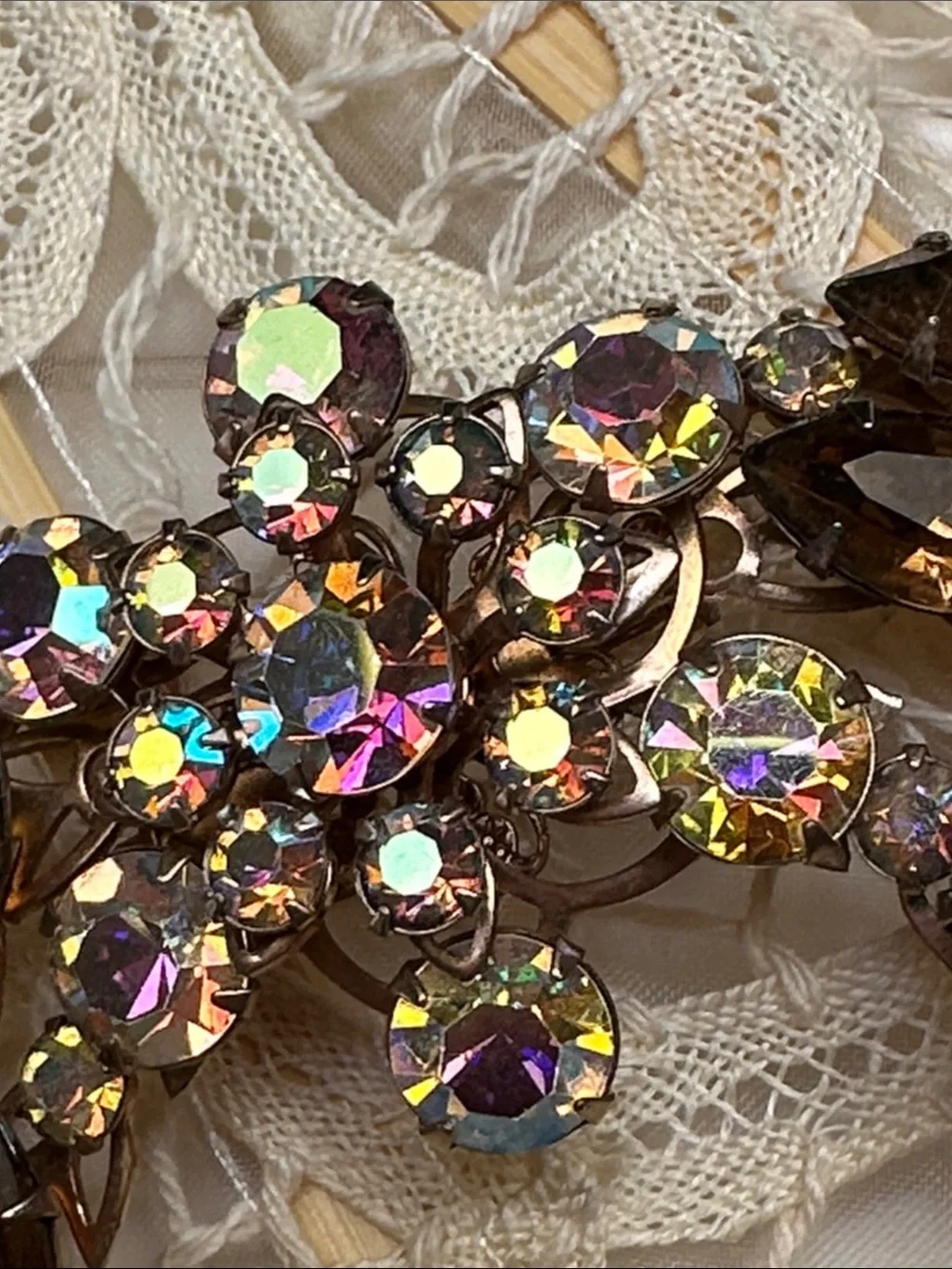 Aurora Borealis & Brown Rhinestone Floral Brooch - 2 7/8”